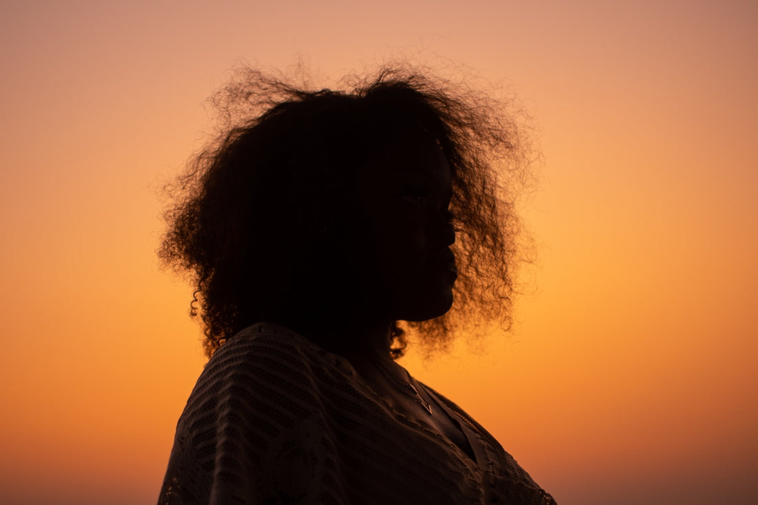 A woman standing in front of a sunset with her hair blowing in the wind