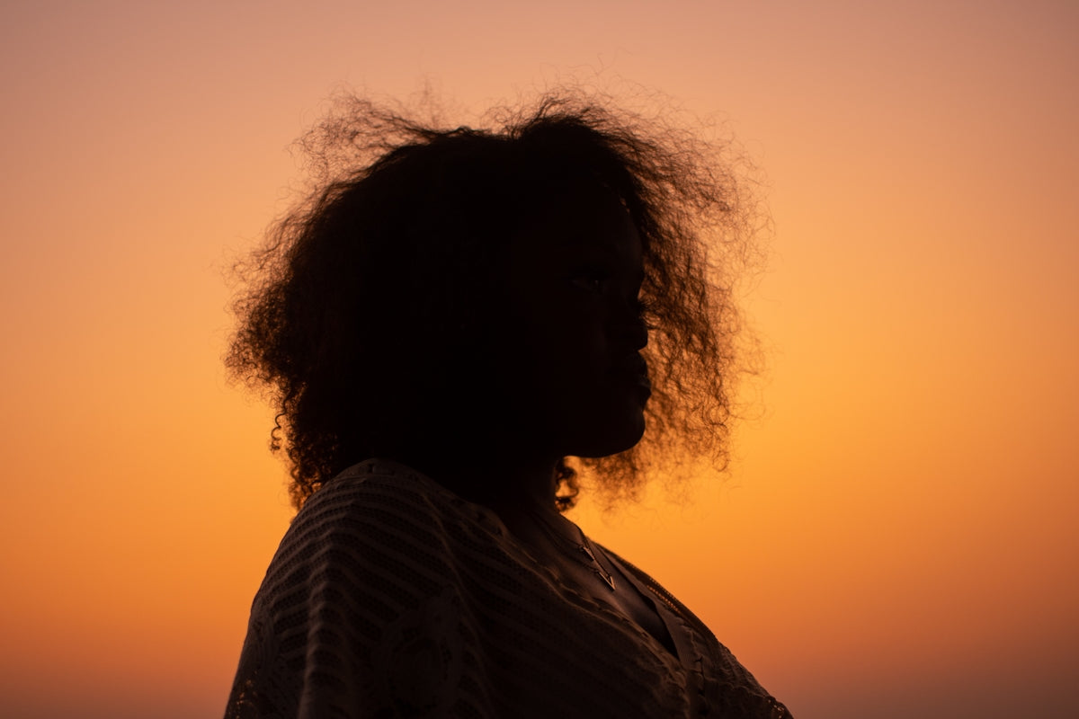 A woman standing in front of a sunset with her hair blowing in the wind
